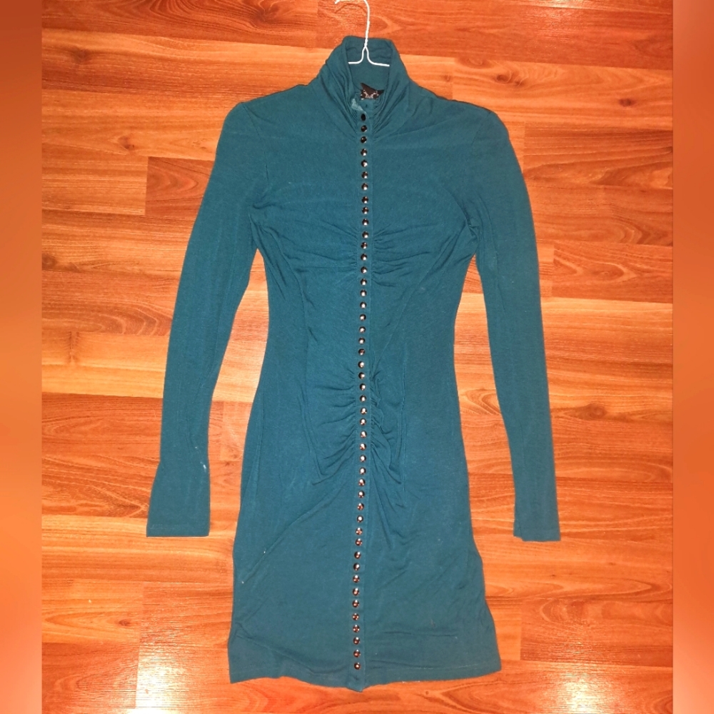 Vintage Unique Teal blue Snap front dress upcycle damaged